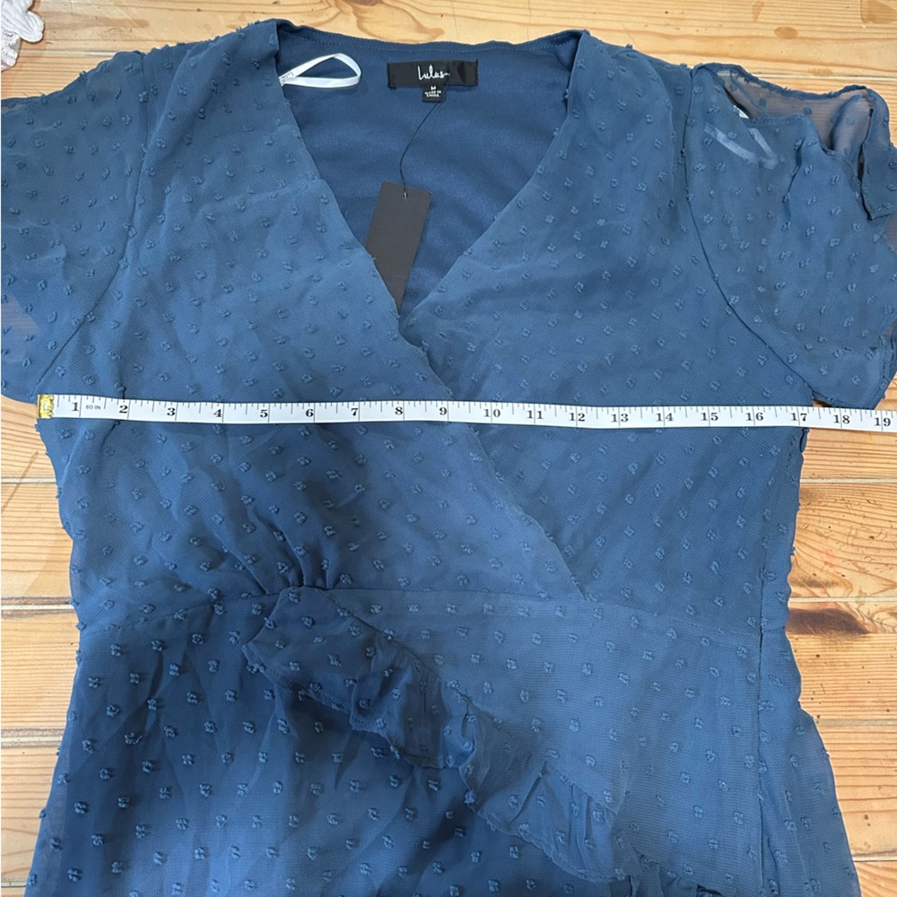 NWT Next to You Slate Blue Swiss Dot Ruffled Midi Dress - Picture 6 of 9